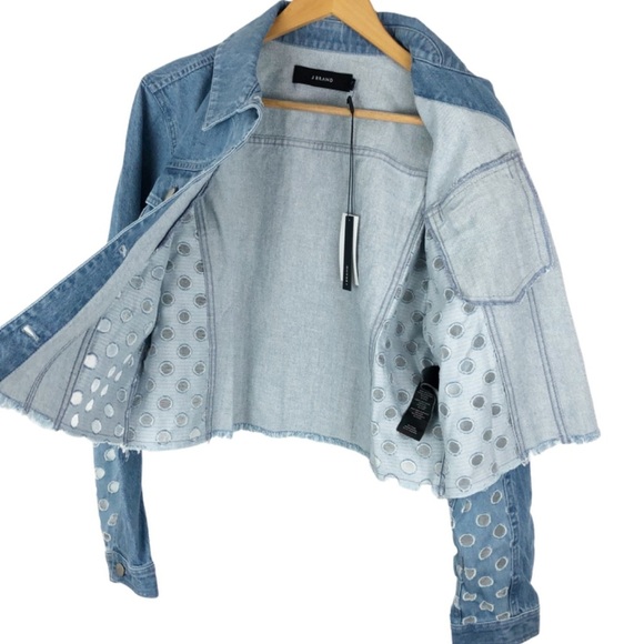 New with tag J Brand Women’s Cyra Polka Dot Panel Crop Denim Blue Jean Jacket - Picture 6 of 16